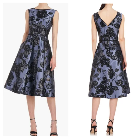 Kay Unger Jackie Floral Jacquard Sleeveless Midi Dress Blue Black Size 8 - Picture 1 of 7